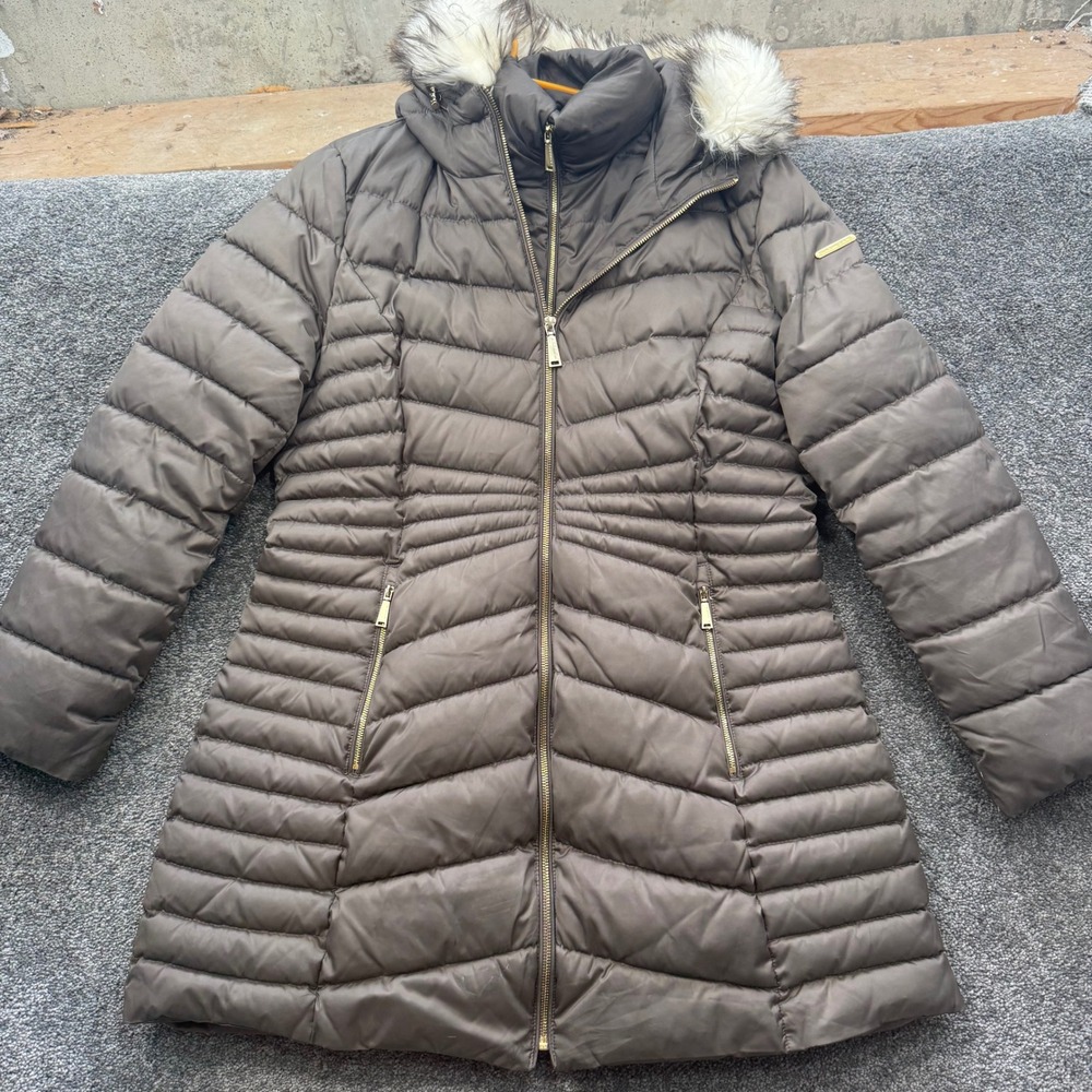 Laundry by Shelli Segal Women XL Taupe Brown Puffer Coat Faux Fur Hood Parka